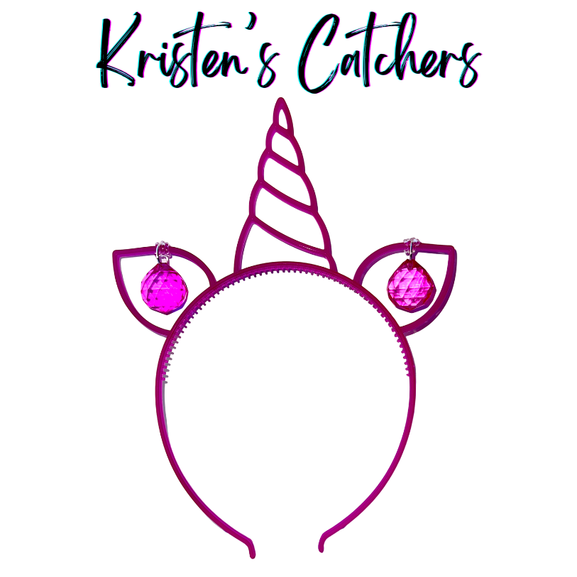 Glow-in-the-dark magenta unicorn headband sun catcher adorned with matching magenta faceted crystal ball drops in each ear