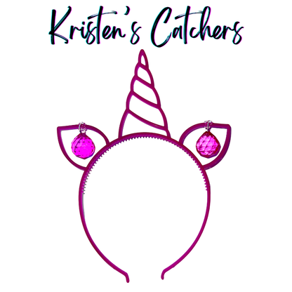 Glow-in-the-dark magenta unicorn headband sun catcher adorned with matching magenta faceted crystal ball drops in each ear
