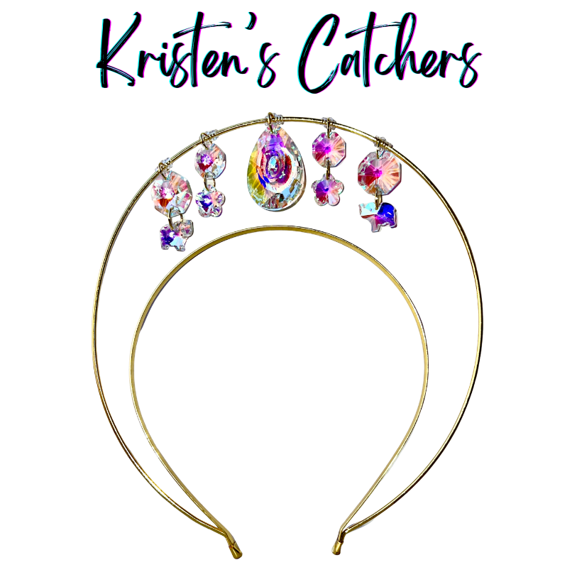 Single layer gold wire halo goddess crown hand-adorned with elephant shaped crystals, flower crystals, iridescent A/B sunburst rivolis, and a large A/B teardrop center stone