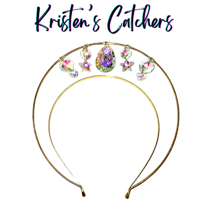 Single layer gold wire halo goddess crown hand-adorned with iridescent A/B star shaped crystals, soft-edged triangle crystals, and a large A/B teardrop center stone