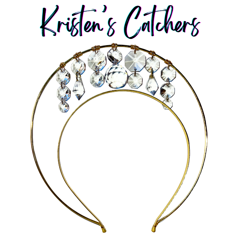 Single layer gold wire halo goddess crown hand-adorned with all clear crystals including a faceted ball center stone, octagon crystals, and diamond shaped drops