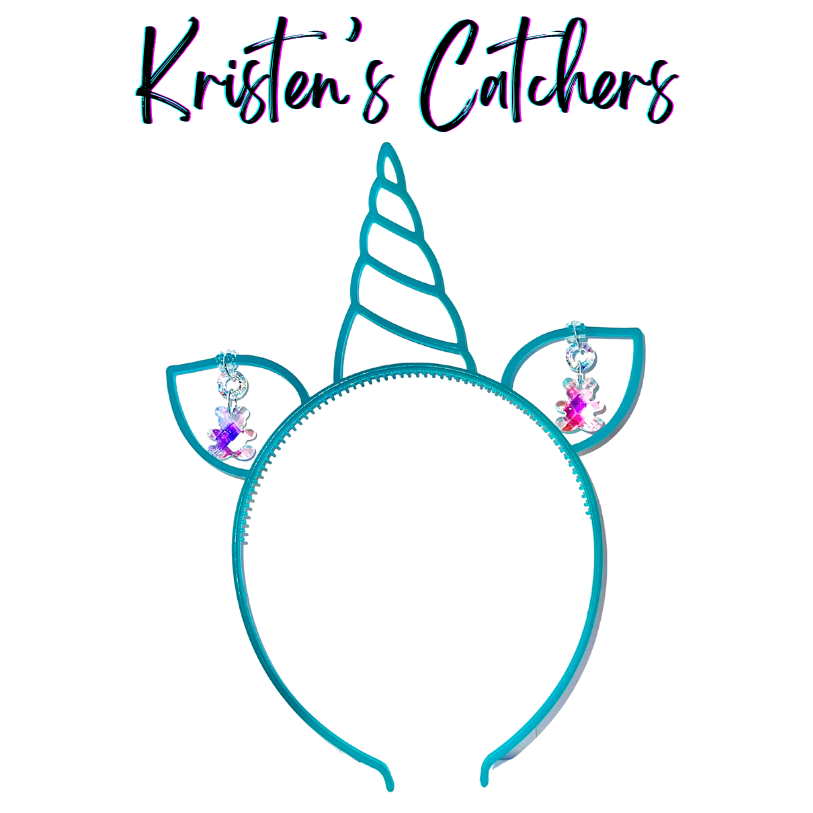 Glow-in-the-dark teal unicorn headband sun catcher adorned with pink and purple iridescent A/B teddy bear shaped crystals in each ear