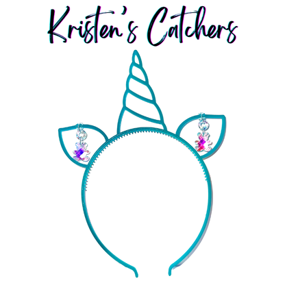 Glow-in-the-dark teal unicorn headband sun catcher adorned with pink and purple iridescent A/B teddy bear shaped crystals in each ear