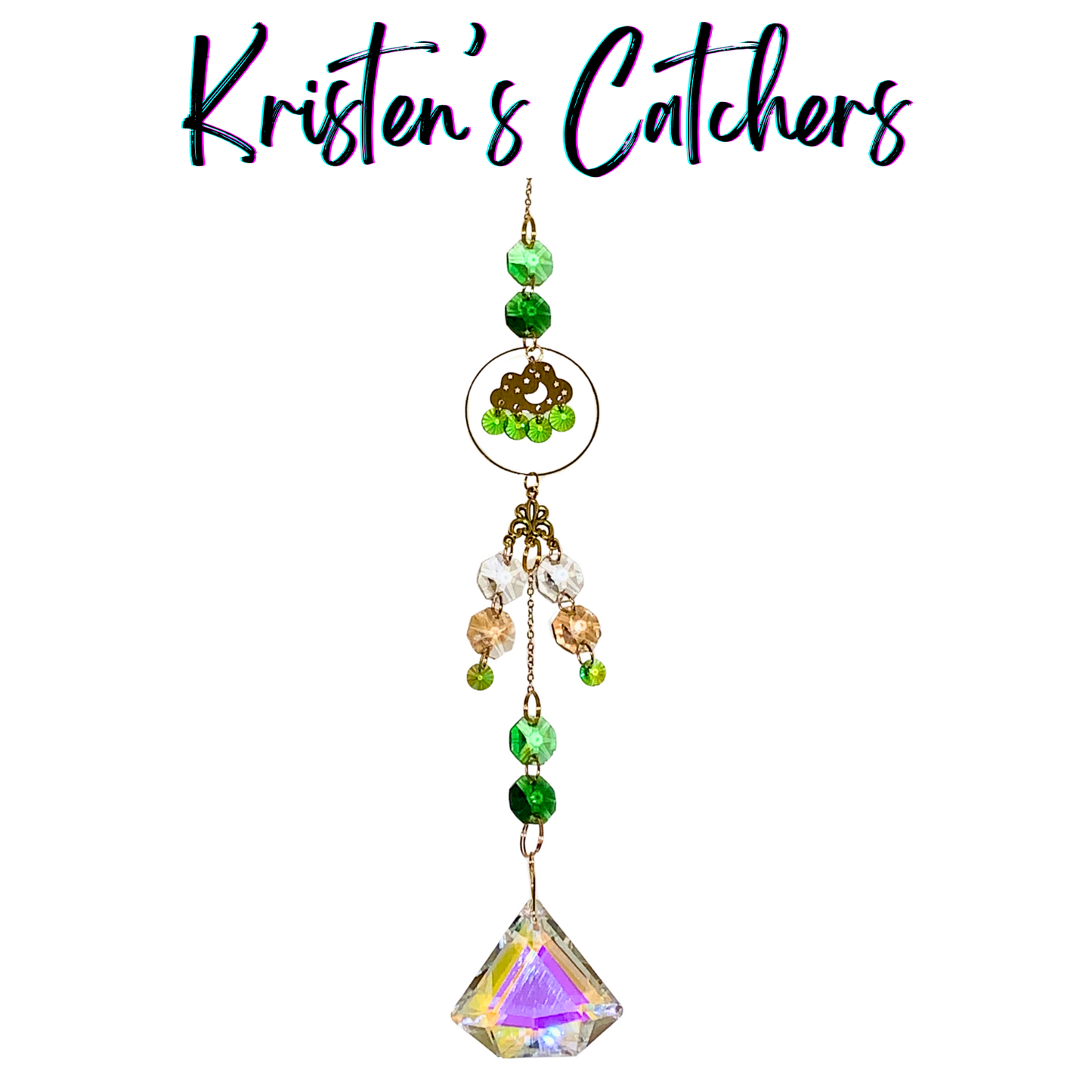 Green crystal sun catcher with cloud charm and cascading emerald crystals