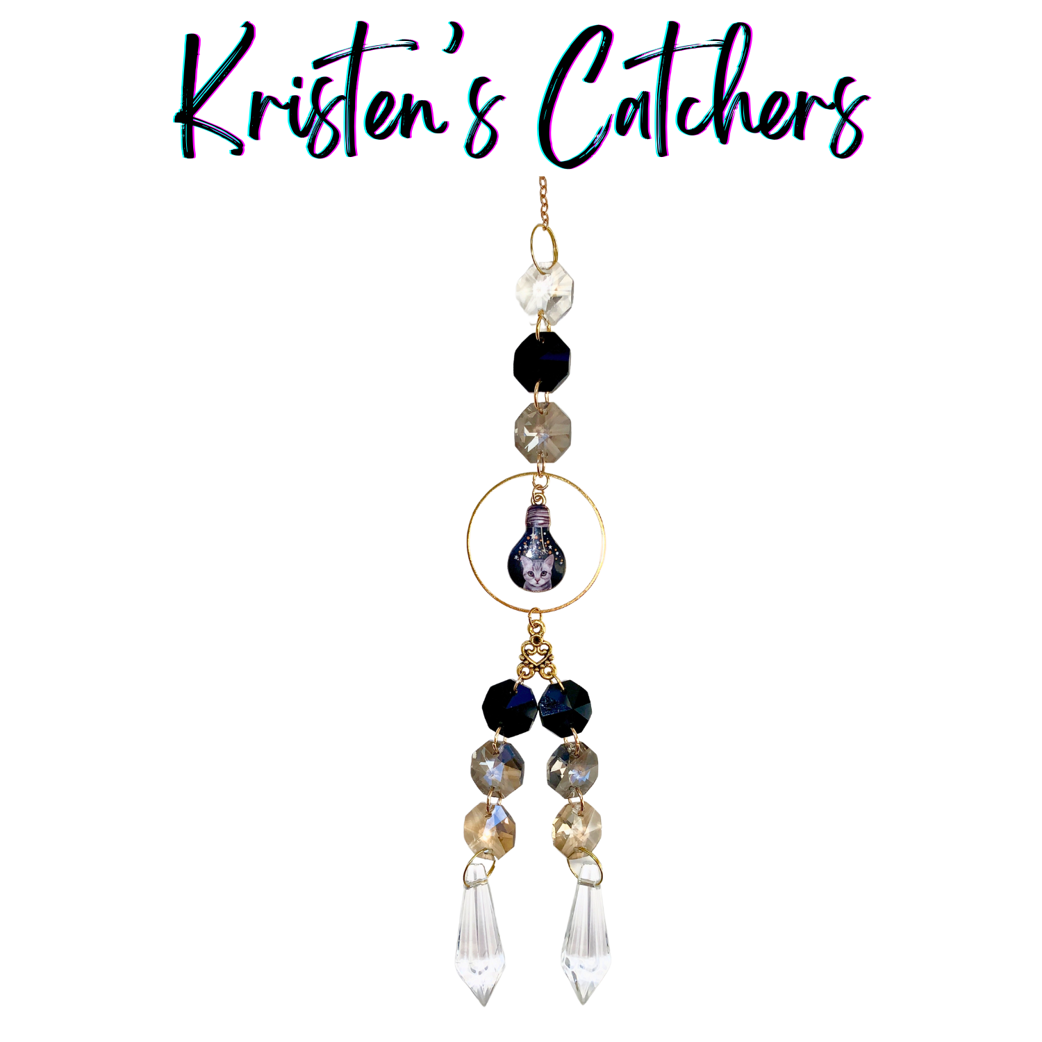 Crystal sun catcher with cat-in-lightbulb charm and alternating clear and smoky crystals