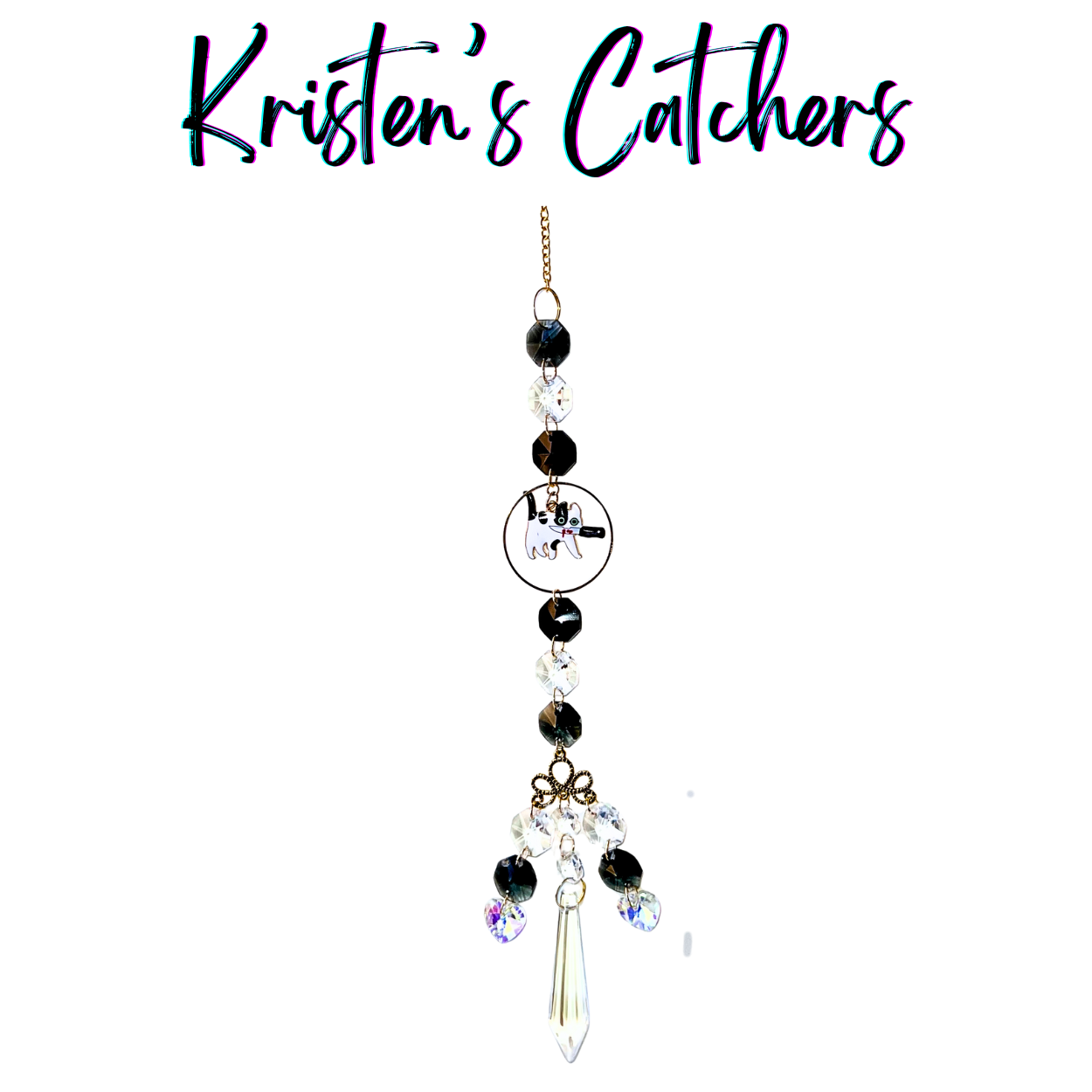 Cow Cat Tribute sun catcher with black and white cow cat centerpiece featuring black and clear crystals in elegant multi-strand design