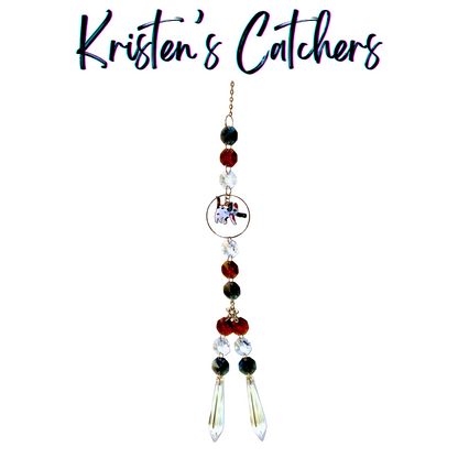 Calico Whiskers Killer Cats sun catcher featuring calico cat centerpiece with burgundy, gray and clear crystals in multi-strand design