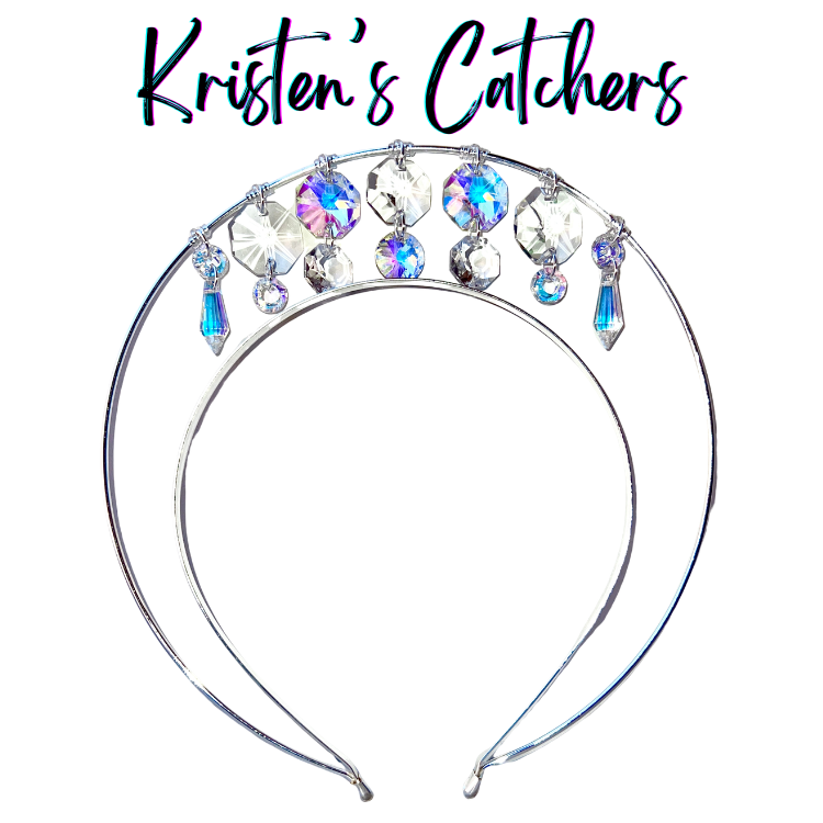 Silver single layer crystal crown with clear and AB blue crystals and icicle drop accents