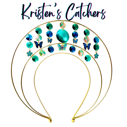 Gold double layer crystal crown with blue-green crystals and butterfly charms