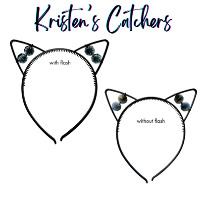 Black faceted glass crystal cat ear headband sun catcher shown with and without flash photography