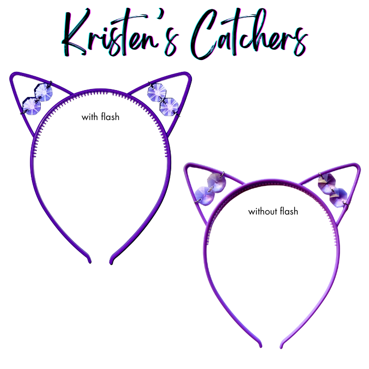 Purple faceted glass crystal cat ear headband sun catcher shown with and without flash photography