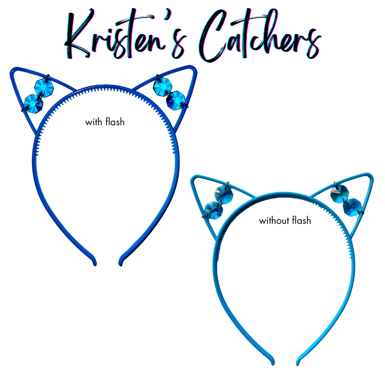 Blue faceted glass crystal cat ear headband sun catcher shown with and without flash photography