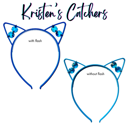 Blue faceted glass crystal cat ear headband sun catcher shown with and without flash photography
