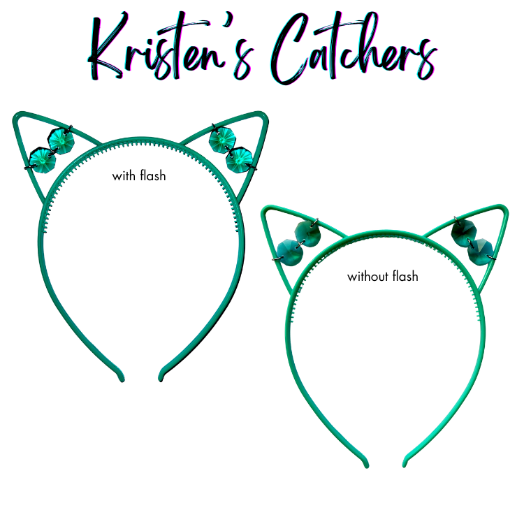 Blue-green faceted glass crystal cat ear headband sun catcher shown with and without flash photography