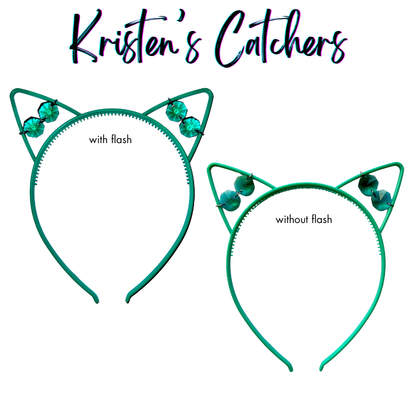 Blue-green faceted glass crystal cat ear headband sun catcher shown with and without flash photography