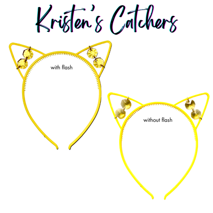 Yellow faceted glass crystal cat ear headband sun catcher shown with and without flash photography