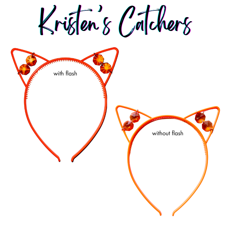Orange faceted glass crystal cat ear headband sun catcher shown with and without flash photography