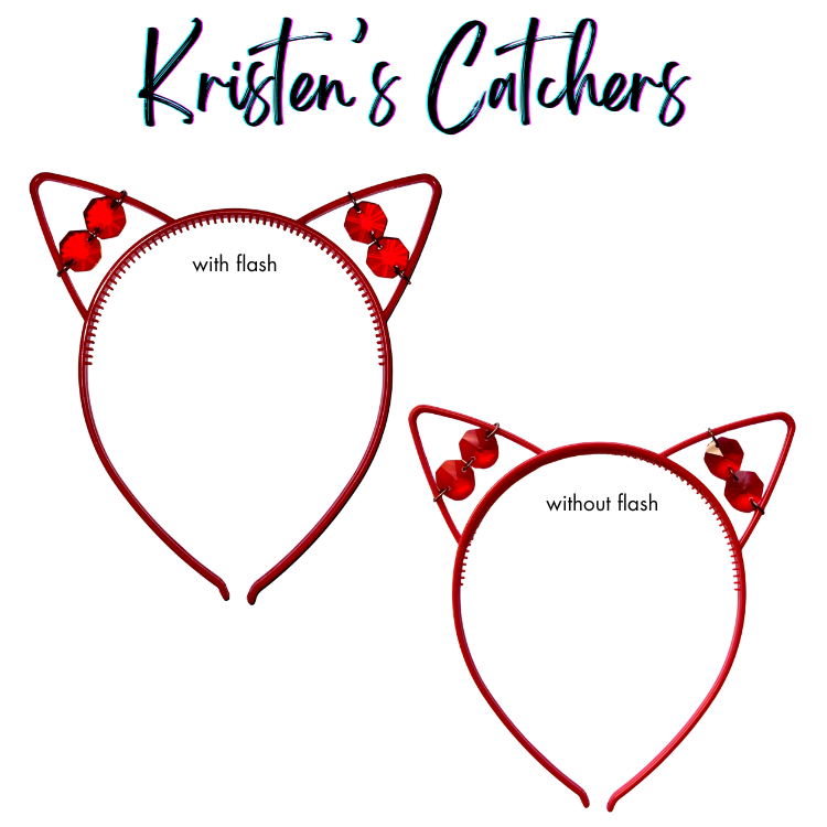 Red faceted glass crystal cat ear headband sun catcher shown with and without flash photography