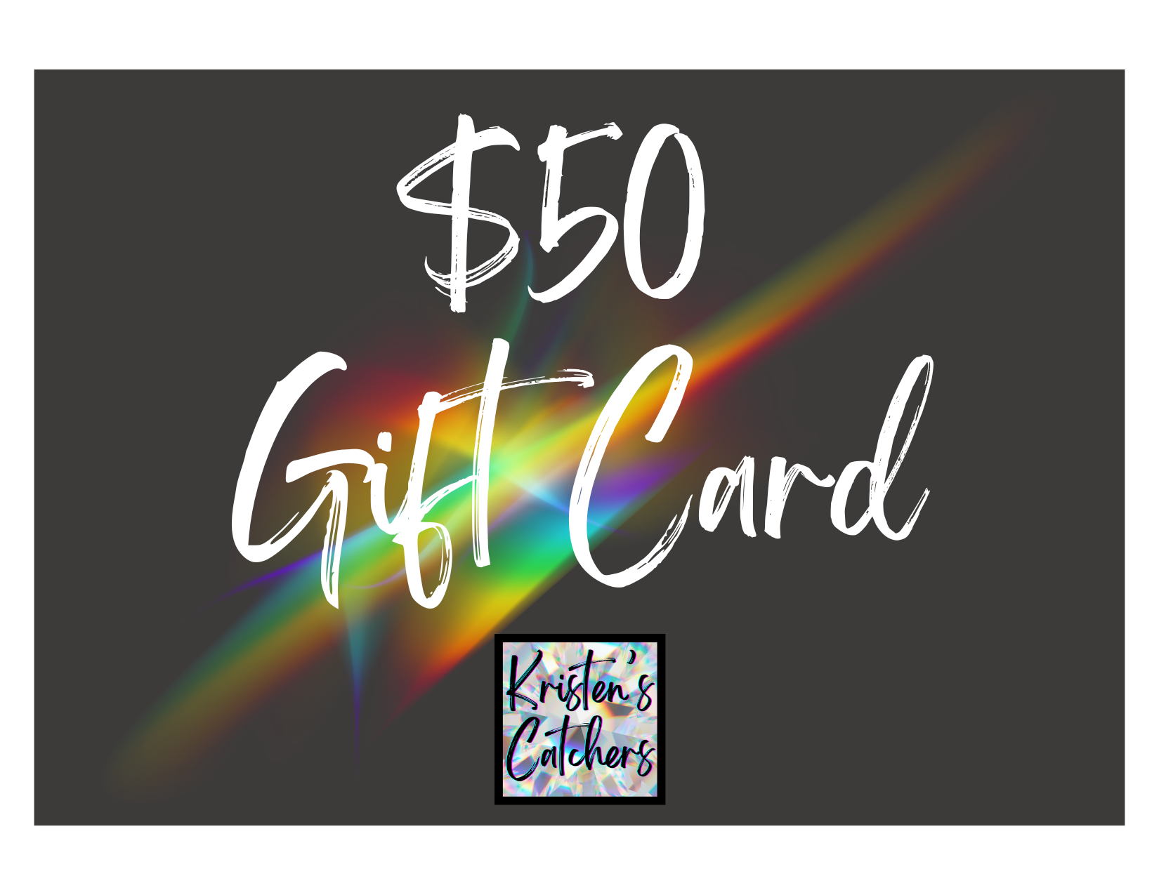 black gift card with rainbow splash and $50 value