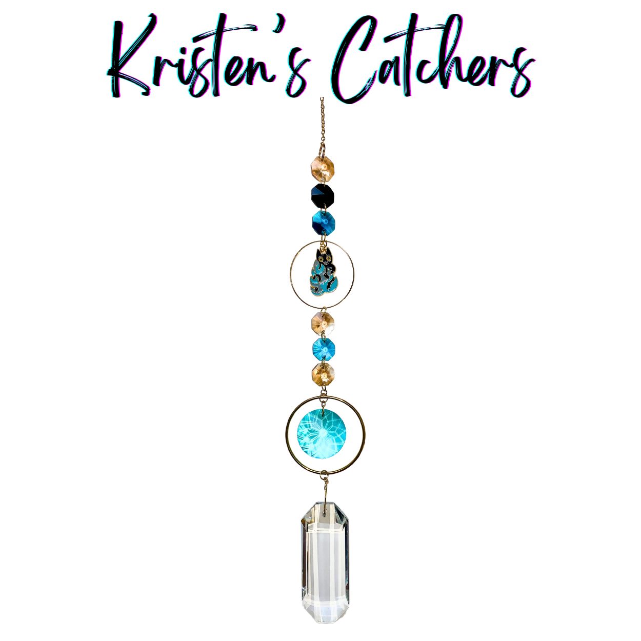 Azure Whiskers Sun Catcher with blue and gold crystals featuring a cat silhouette charm