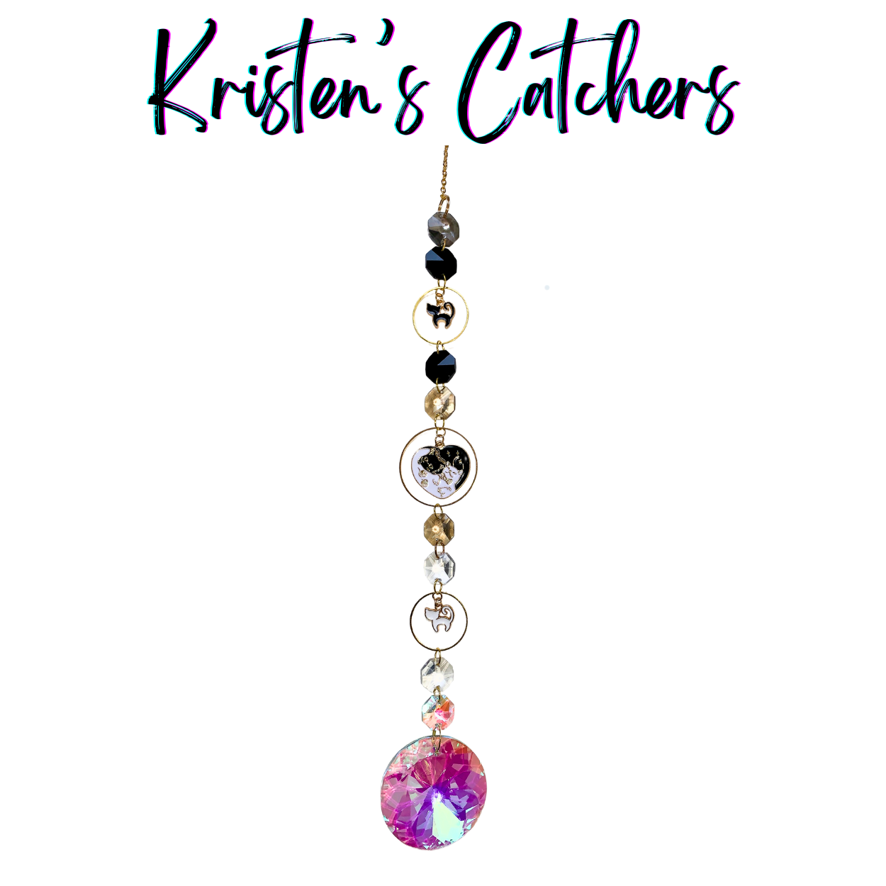 Yin Yang Kitties Sun Catcher with black and clear crystals featuring white and black cat charms and a cuddling cats centerpiece