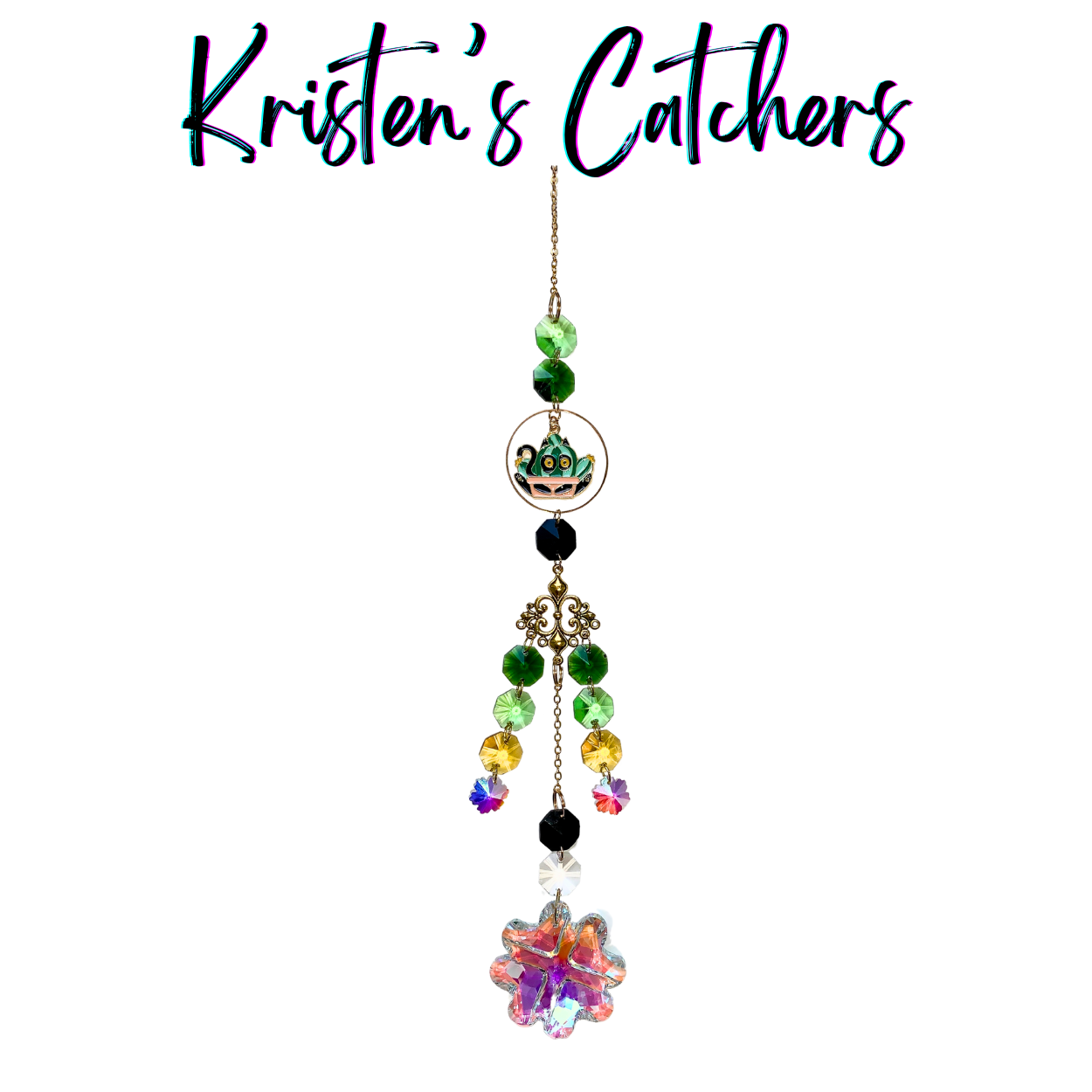 Garden Prowler Sun Catcher with green crystals featuring a black cat charm hiding in foliage and a rainbow crystal flower