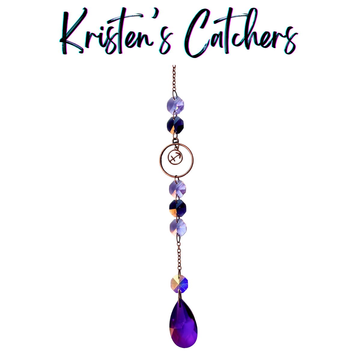 Sagittarius zodiac sun catcher with archer symbol centerpiece featuring purple crystals with rose gold hardware