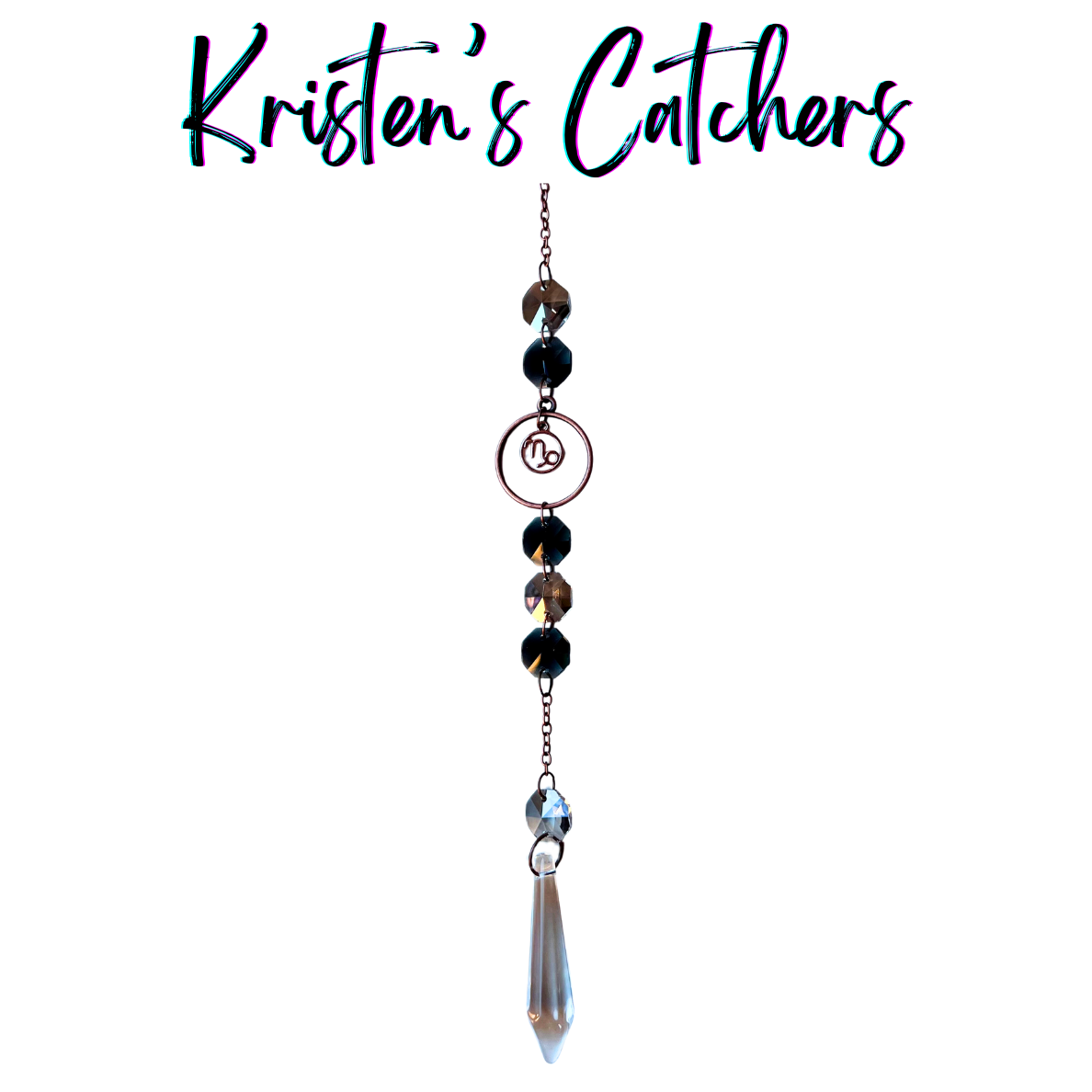 Capricorn zodiac sun catcher with goat symbol centerpiece featuring smoky black and clear crystals with rose gold hardware