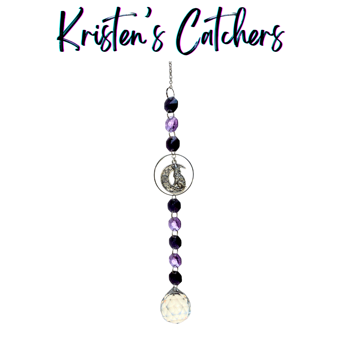 Violet Wolf Melody Sun Catcher with light purple and deep violet crystals featuring a howling wolf charm and silver accents