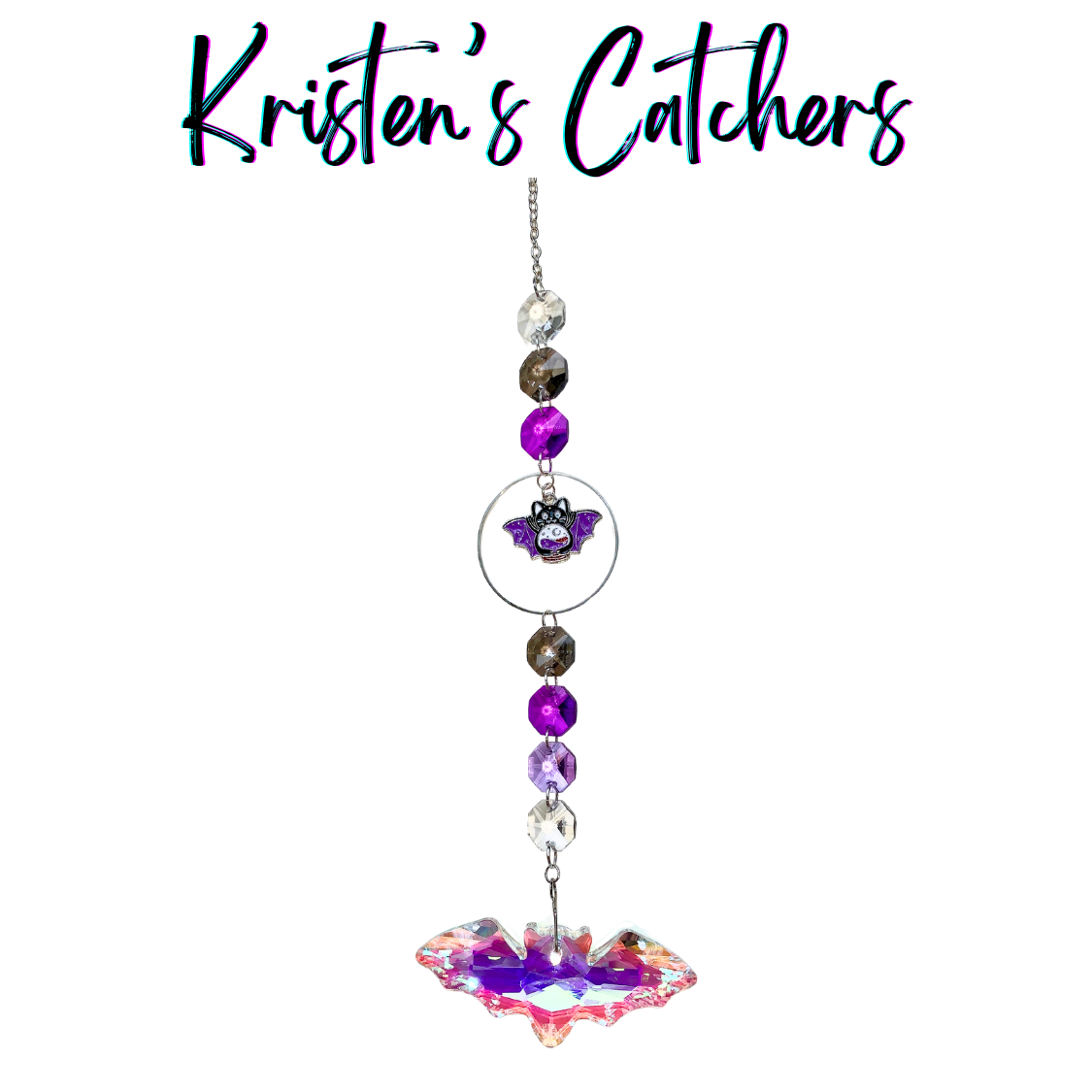 Batcat Prism Sun Catcher with purple and clear crystals featuring a bat/cat hybrid charm and A/B bat crystal