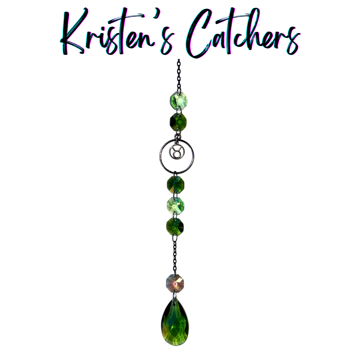 Taurus zodiac sun catcher with gunmetal bull symbol centerpiece featuring green and teal crystals with black chain
