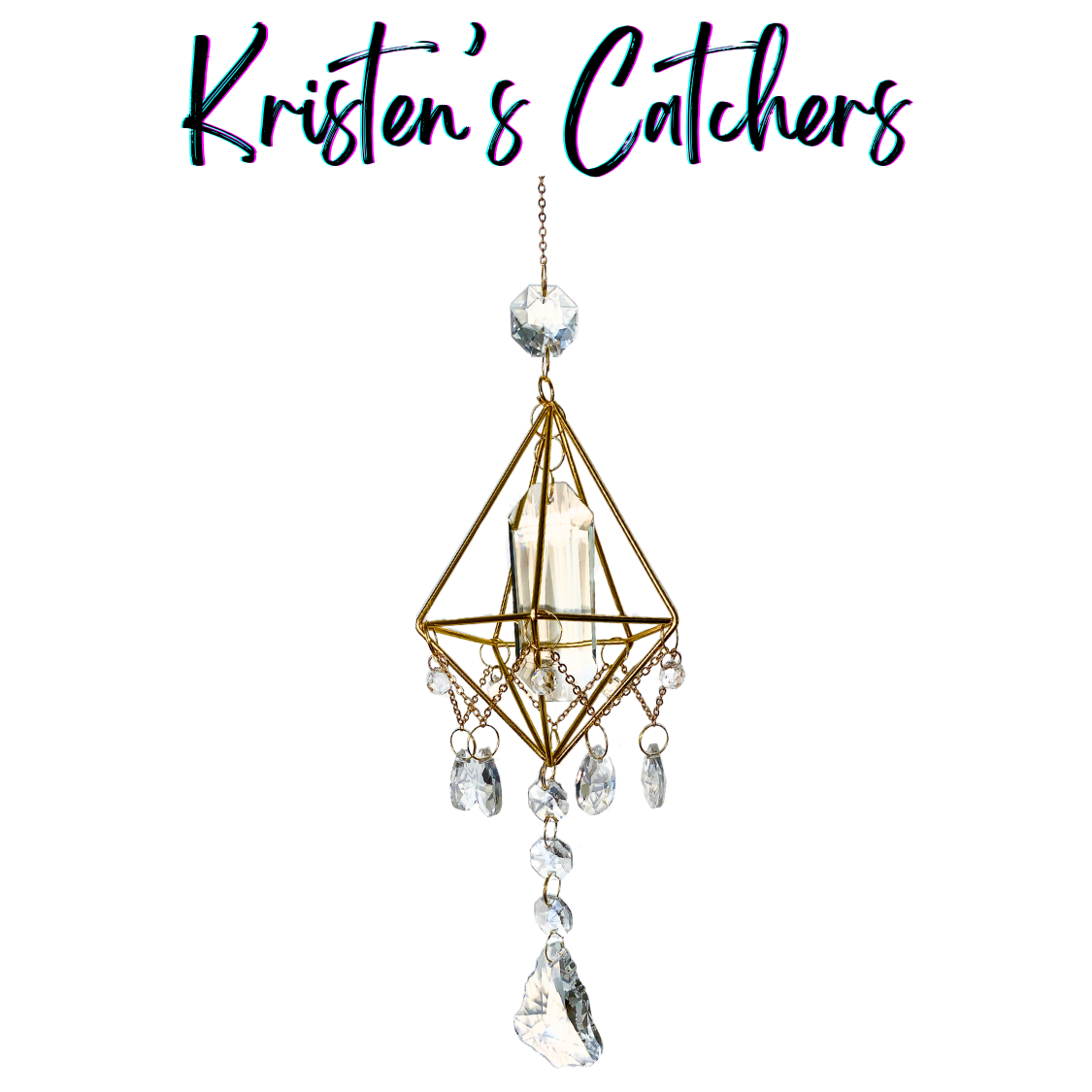 Golden Pentagon Prism Sun Catcher with 3D gold frame and clear crystals