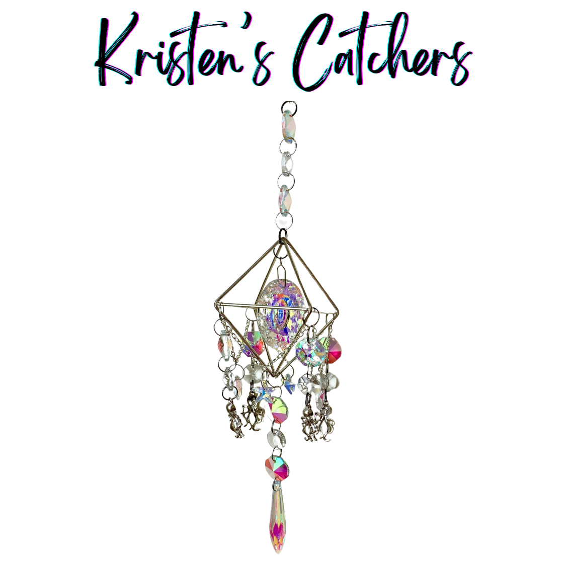 Oceanic Cube Crystal Sun Catcher with silver 3D frame, octopus charms, and starfish and fish crystals