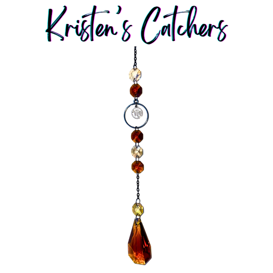 Virgo zodiac sun catcher with gunmetal maiden symbol centerpiece featuring amber and champagne crystals with black chain