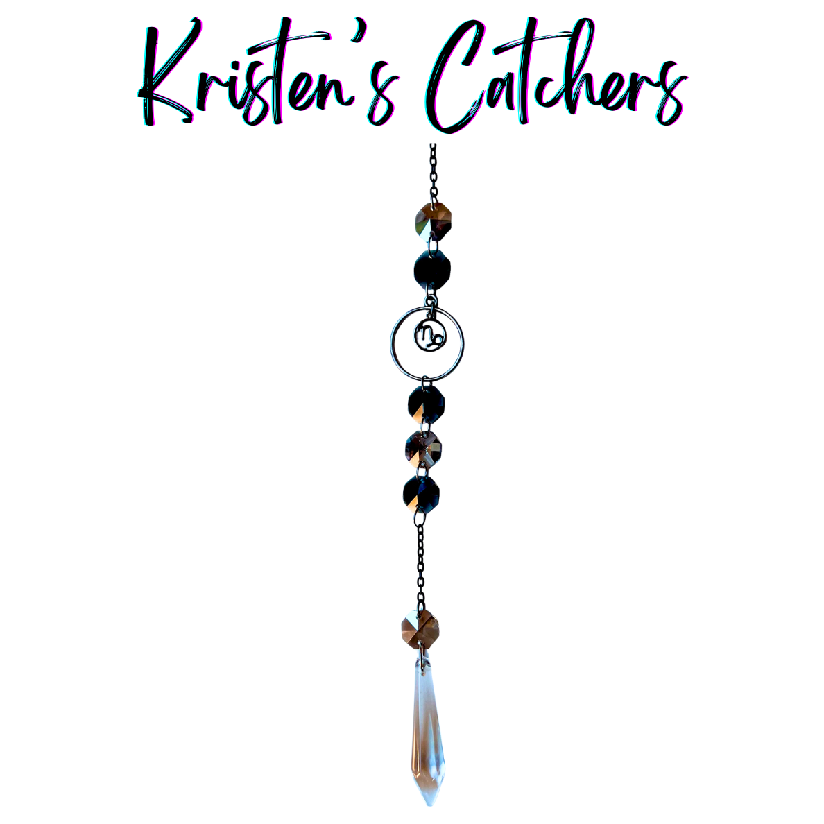 Capricorn zodiac sun catcher with gunmetal goat symbol centerpiece featuring smoky black and clear crystals with black chain