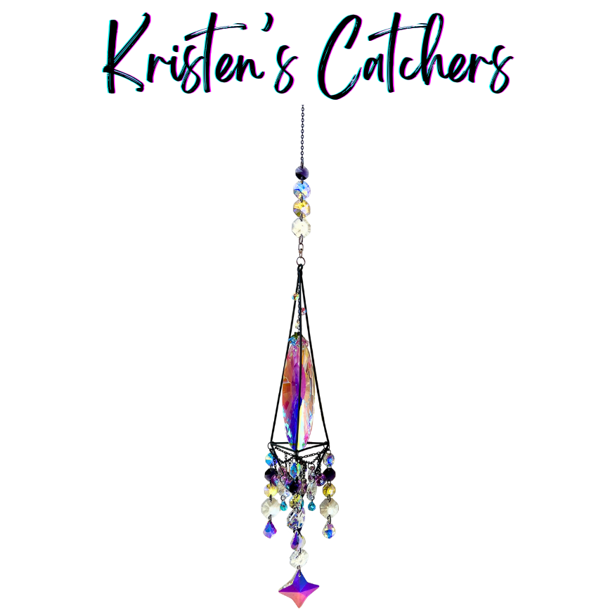 One of a kind purple blue yellow and black crystal sun catcher with star crystal drop, 24 inches long with 5 inch centerpiece