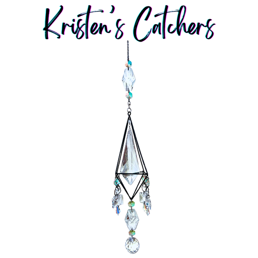 One of a kind clear crystal sun catcher with iridescent orange-teal accent beads, elongated cube frame
