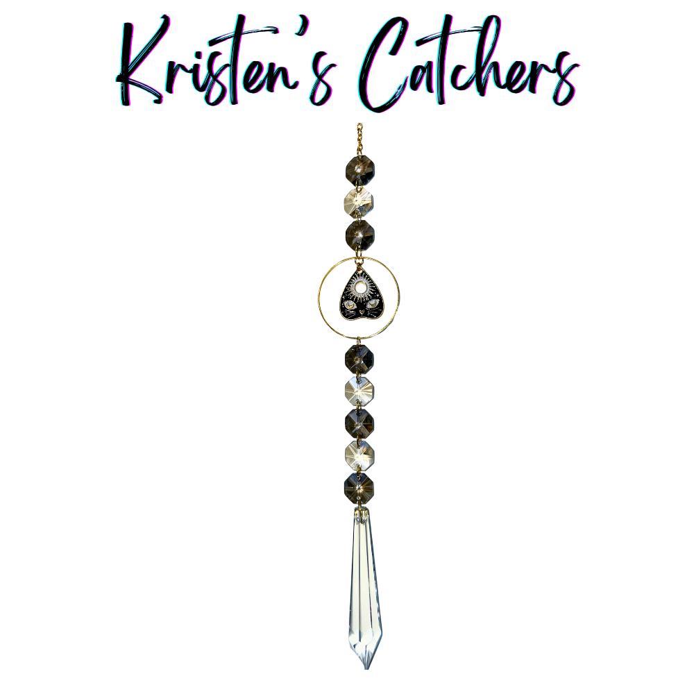 Halloween Black Cat Sun Catcher with black cat face pendant, black and gray crystals, and clear crystal spear