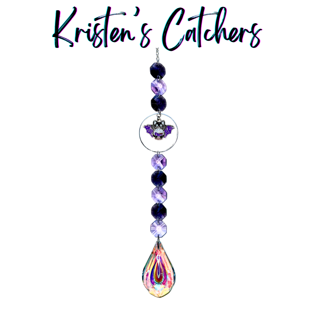 Halloween Mysterious Purple Bat-Cat Hybrid Sun Catcher with dark violet and lavender crystals, featuring a large aurora borealis crystal