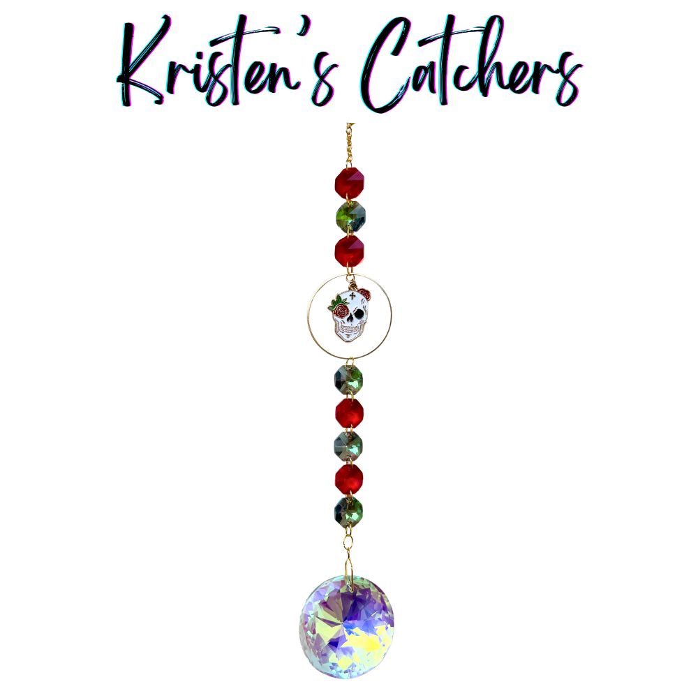 Halloween Floral Skull Sun Catcher with ruby red crystals and large round aurora borealis crystal