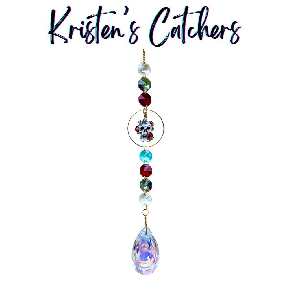 Halloween Sister Floral Skull Sun Catcher with light blue crystals and large oval crystal