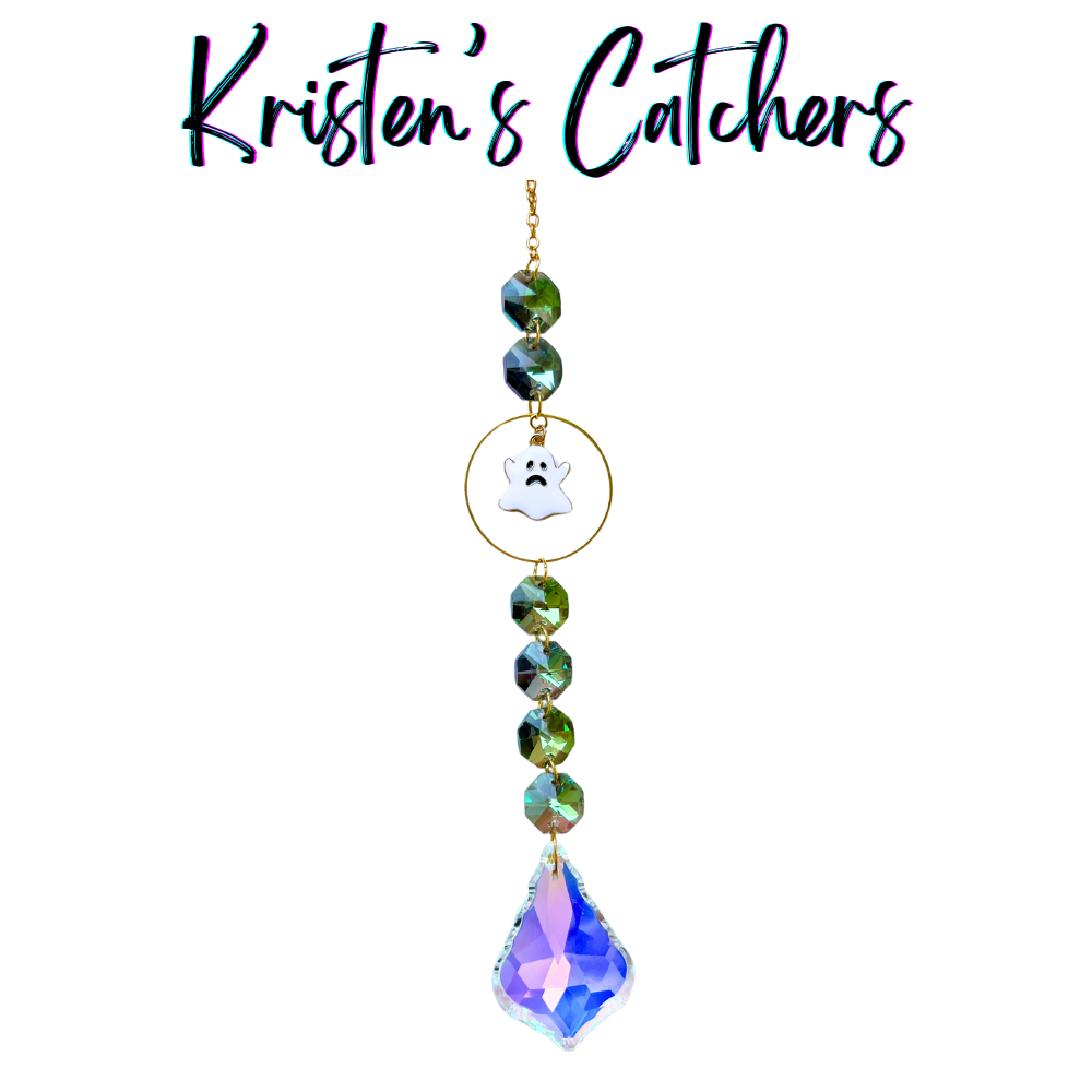 Halloween Ghost Sun Catcher with emerald crystals and large indigo blue bell crystal