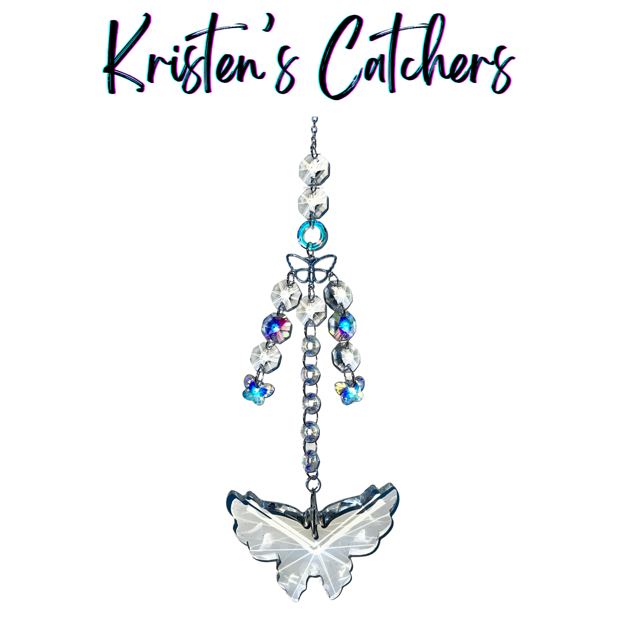 Handcrafted silver butterfly sun catcher with aurora borealis crystals creating magical rainbow reflections