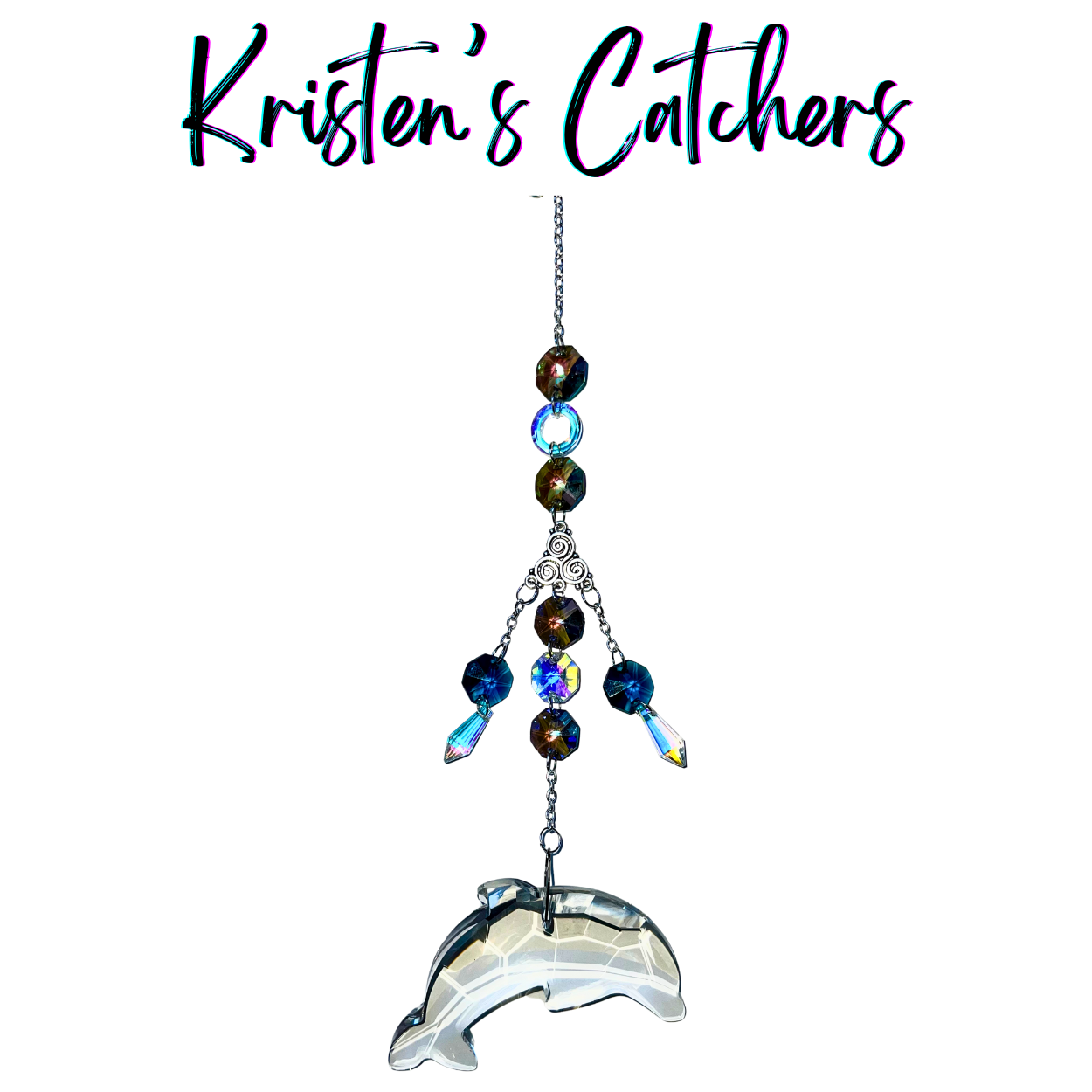 Handmade silver dolphin sun catcher with aurora borealis and blue glass creating magical ocean-inspired reflections