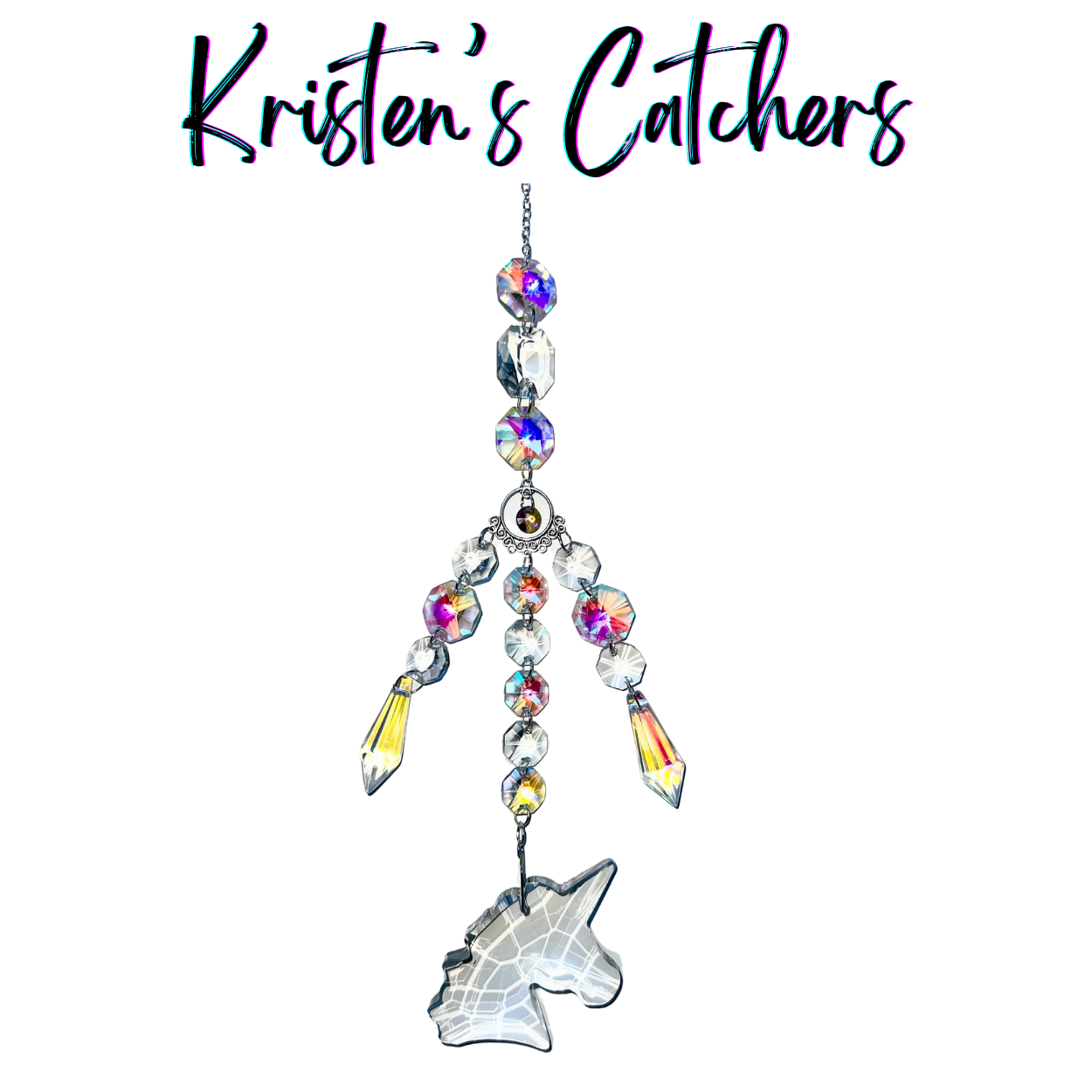 Handmade silver unicorn sun catcher with aurora borealis glass creating magical rainbow reflections