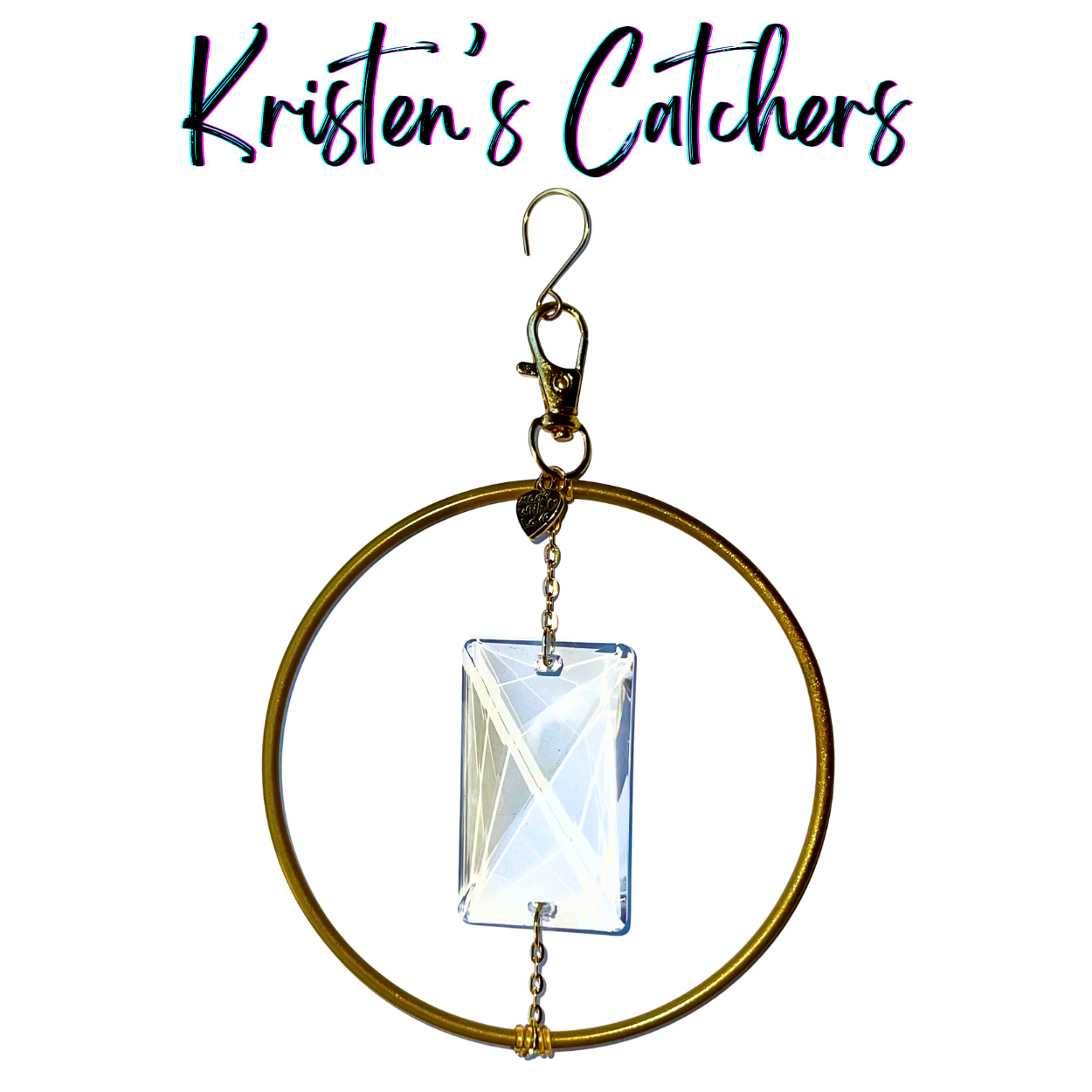 Minimalist elegance ornamental sun catcher with 4-inch golden ring suspending 3-inch rectangular prism via gold chain