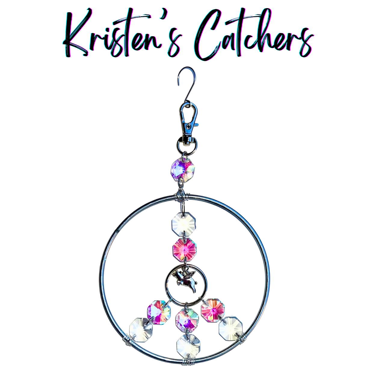 When pigs fly peace sign ornamental sun catcher with flying pig charm, pink A/B crystals in 4-inch silver ring