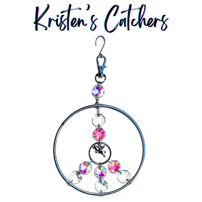 When pigs fly peace sign ornamental sun catcher with flying pig charm, pink A/B crystals in 4-inch silver ring