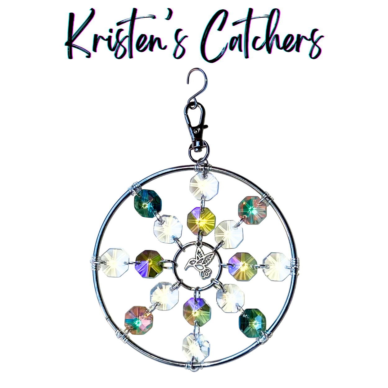 Hummingbird harmony ornamental sun catcher with hummingbird charm and iridescent green, purple, pink crystals in 4-inch si