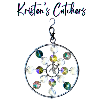 Hummingbird harmony ornamental sun catcher with hummingbird charm and iridescent green, purple, pink crystals in 4-inch si